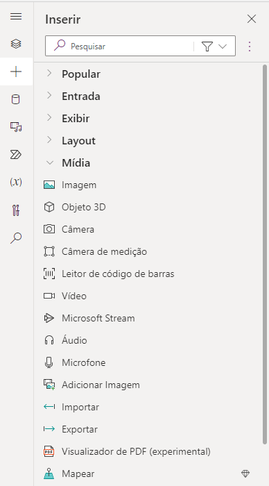 Captura de tela das opções do menu de mídia.