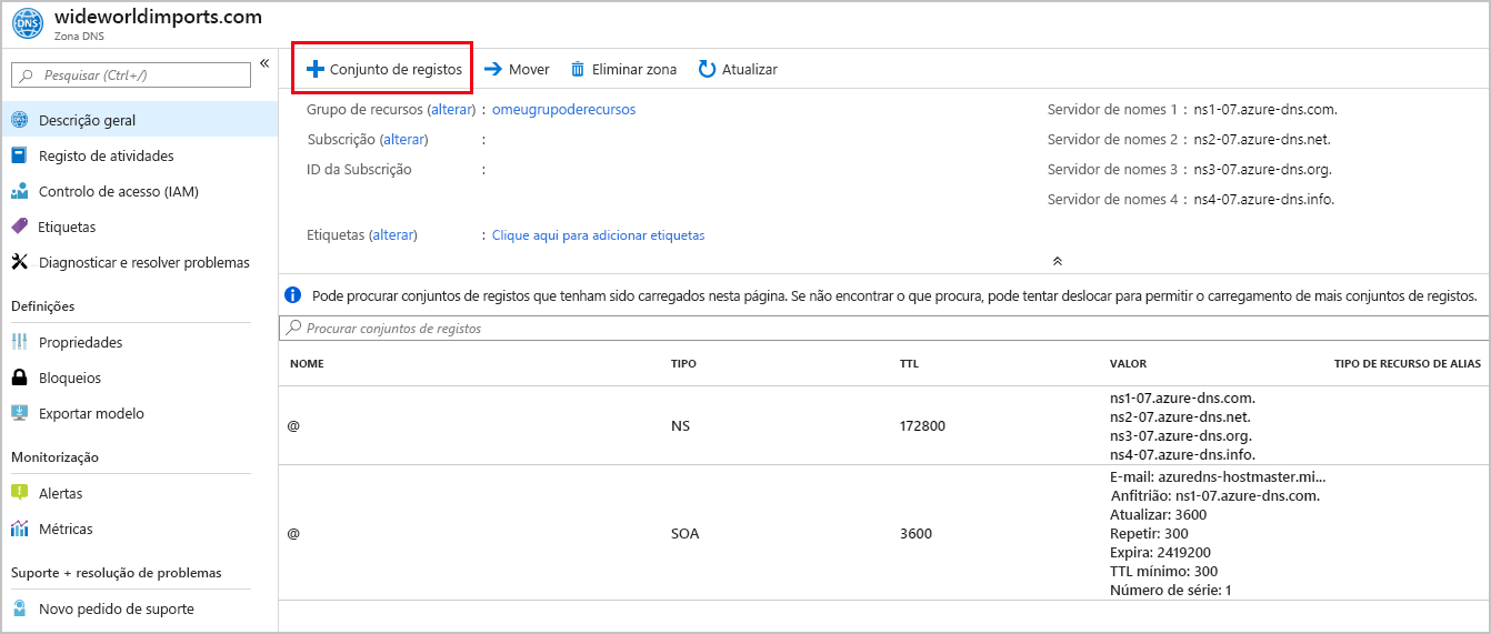 Captura de ecrã a mostrar a adição de um conjunto de registos.