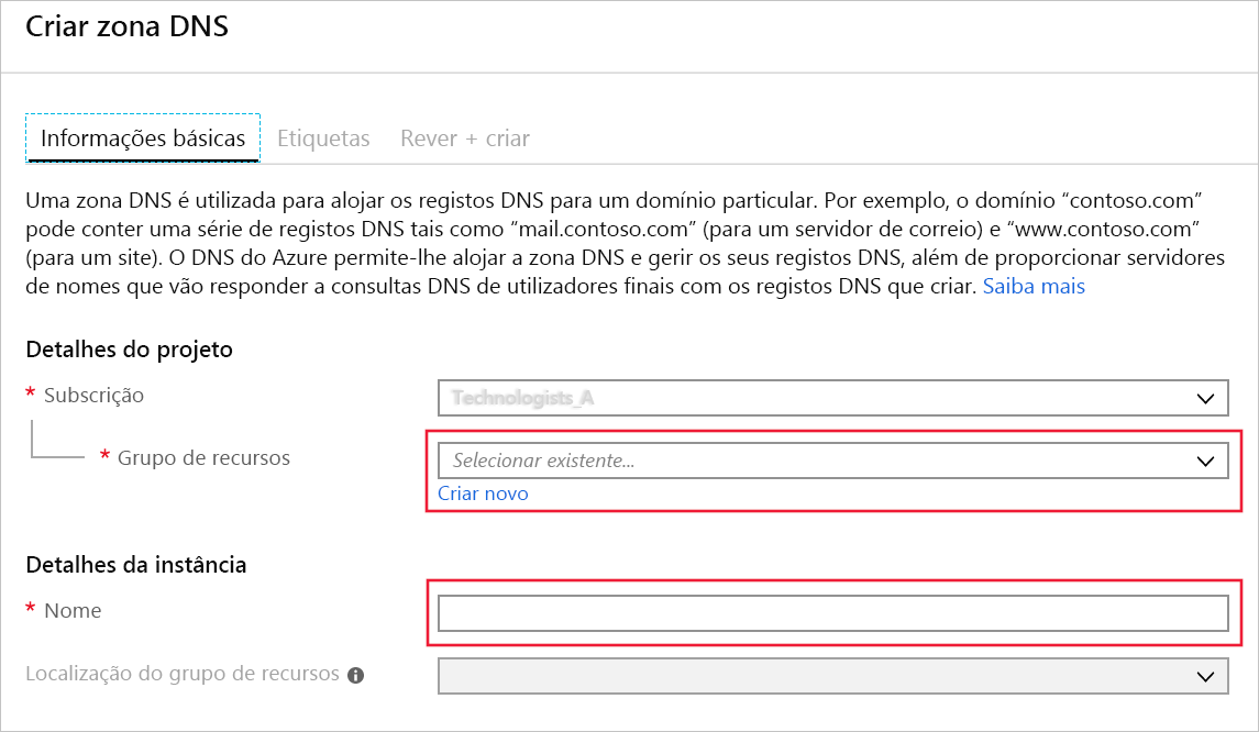 Captura de ecrã da página Criar zona DNS.