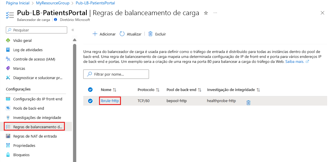 Captura de ecrã a mostrar como selecionar uma regra de balanceamento de carga no portal do Azure.