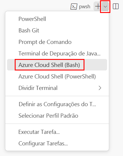 Captura de tela da janela do terminal do Visual Studio Code. A lista suspensa do shell de terminal e o item de menu do Azure Cloud Shell (Bash) são mostrados.