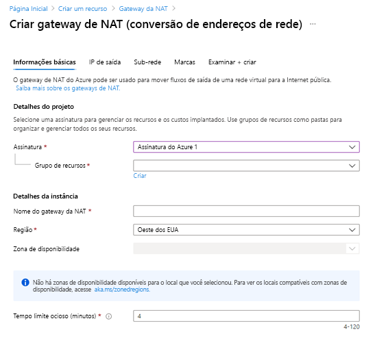 Screenshot of the Create network address translation (NAT) gateway window.