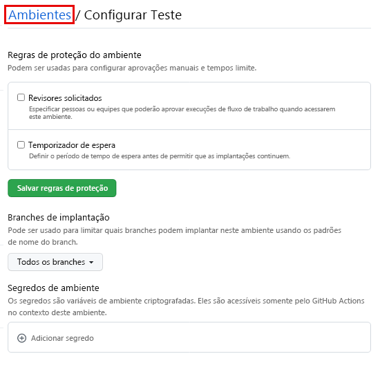 Captura de tela da página do GitHub para um novo ambiente chamado Test, com o link Ambiente.