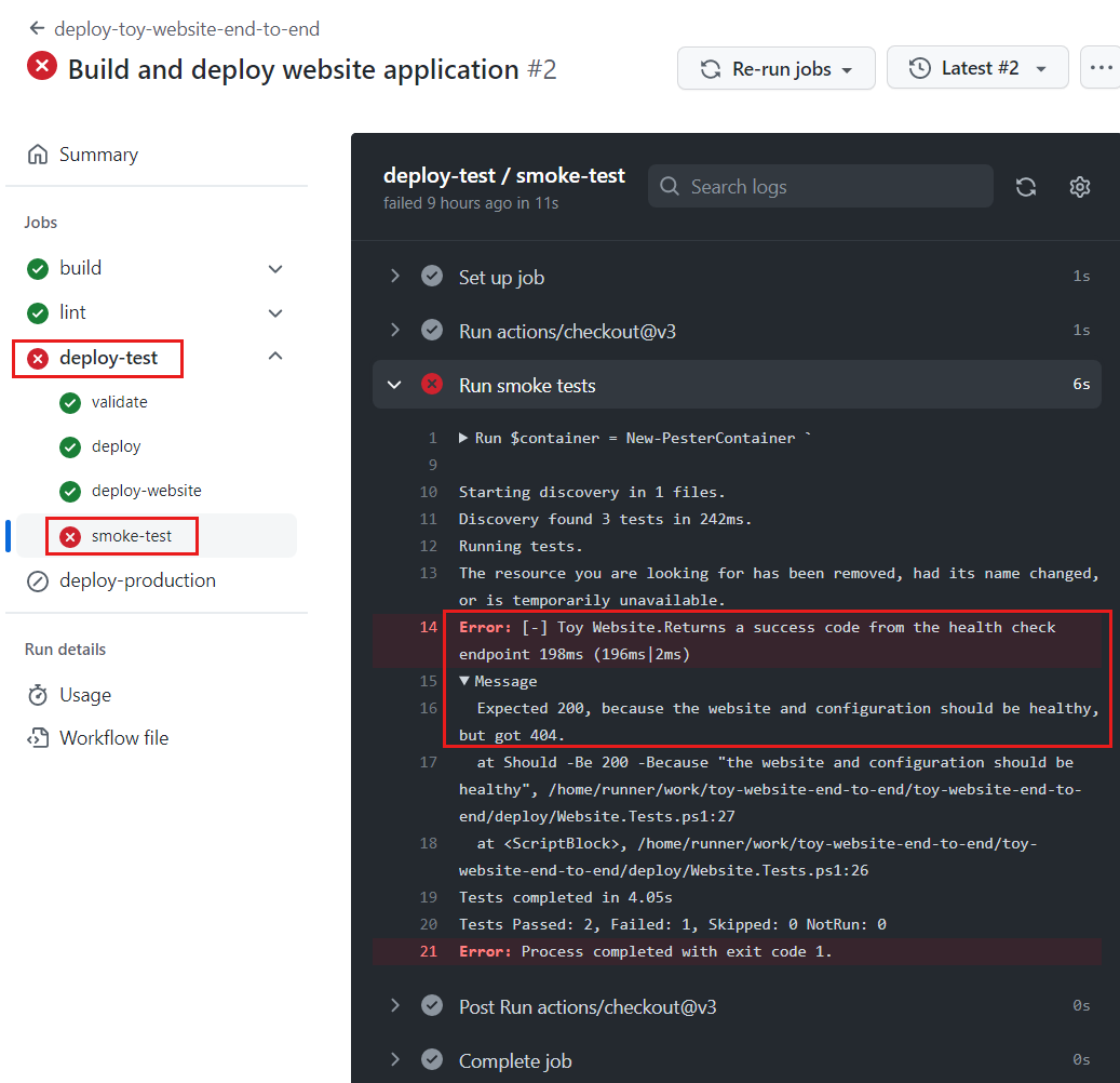 Captura de tela do GitHub mostrando o log de execução do fluxo de trabalho, com a saída do teste de fumaça exibida. O resultado do teste de integridade JSON é realçado.