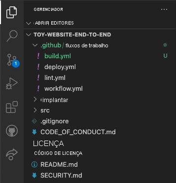 Captura de tela do Visual Studio Code Explorer, com as pastas dot github e workflows e o arquivo build dot YML mostrado.