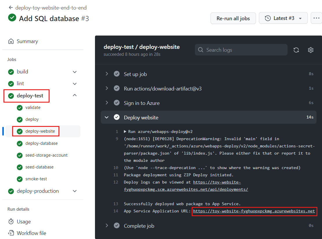 Captura de tela de Ações do GitHub mostrando o log do fluxo de trabalho para o trabalho de implantação do site de teste. A URL do aplicativo do Serviço de Aplicativo está realçada.