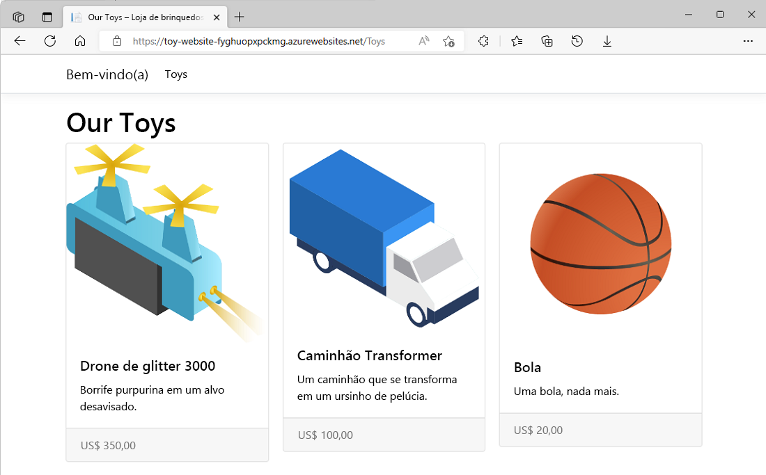 Captura de ecrã da página de brinquedos do sítio Web de teste, com os exemplos de brinquedos apresentados.
