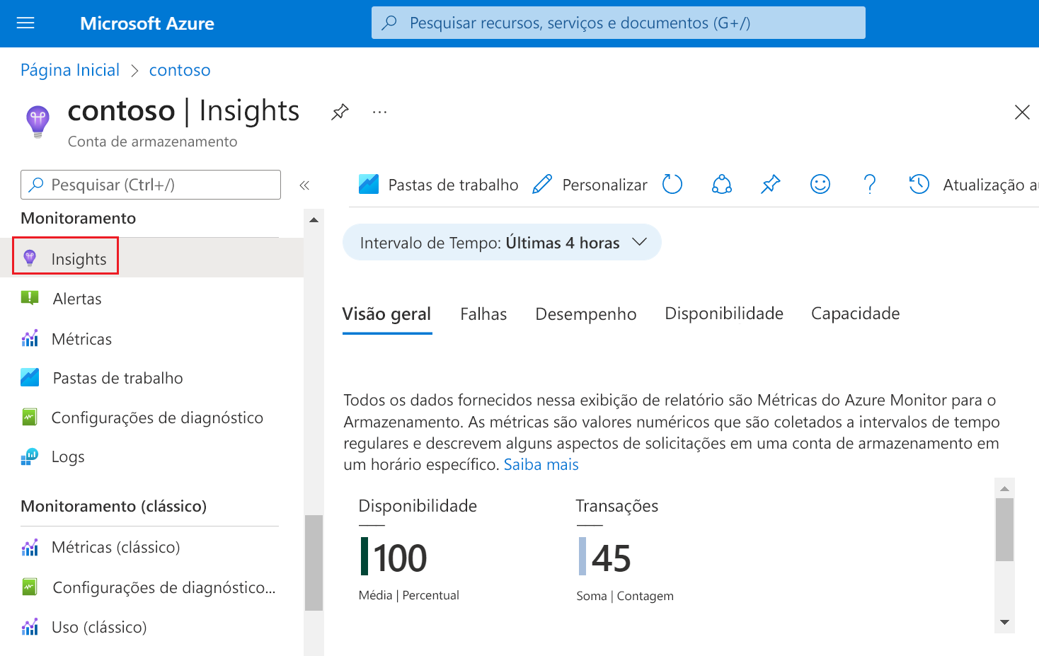 Screenshot of storage Insights in the Azure portal.