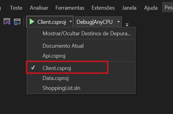 Screenshot showing the client project selected.