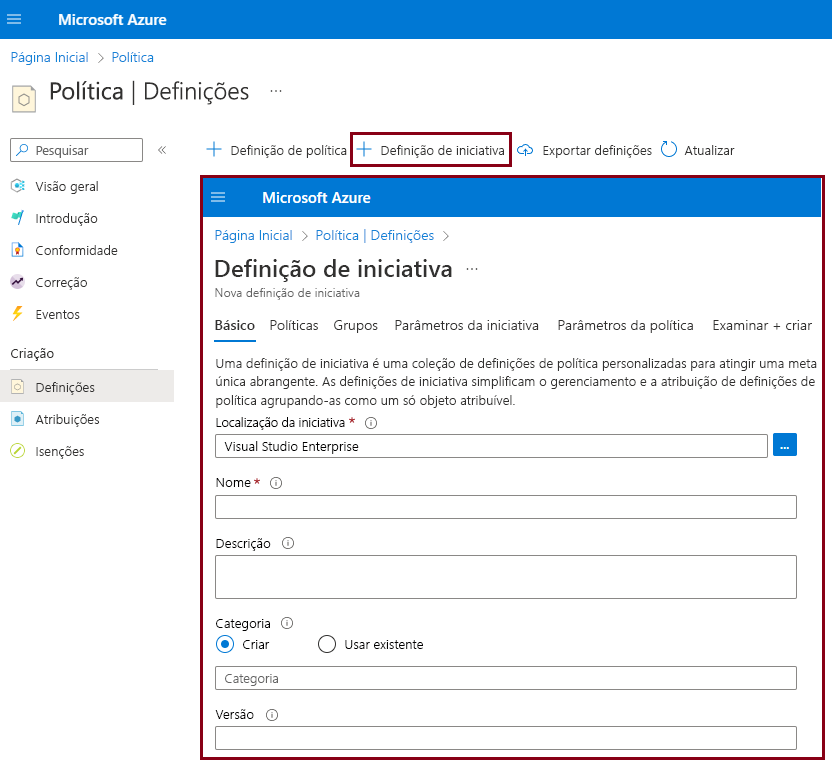 Screenshot that shows how to create a new initiative definition.