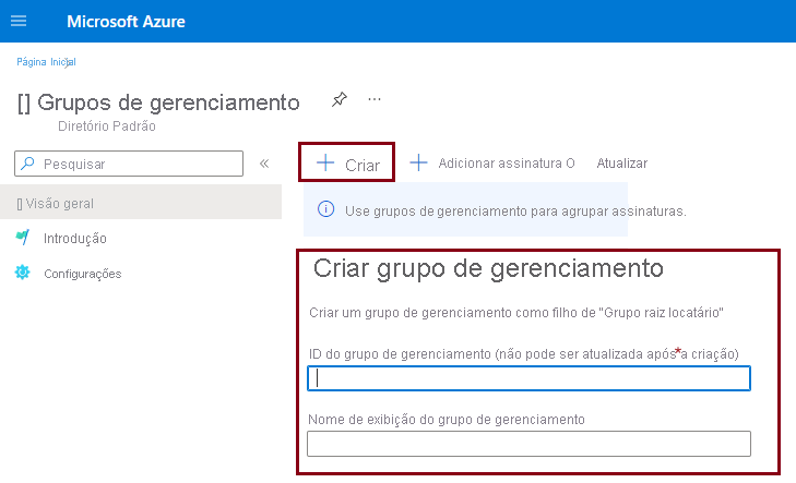 Screenshot that shows how to create a management group in the Azure portal.