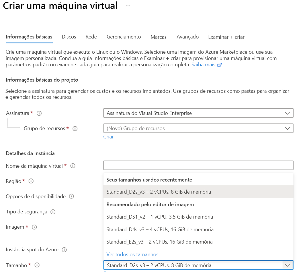 Screenshot of Azure virtual machine settings showing the virtual machine size options.