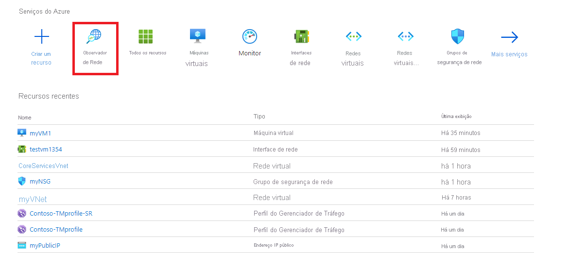 Abrir o Observador de Rede a partir da home page do portal do Azure utilizando o mosaico Observador de Rede
