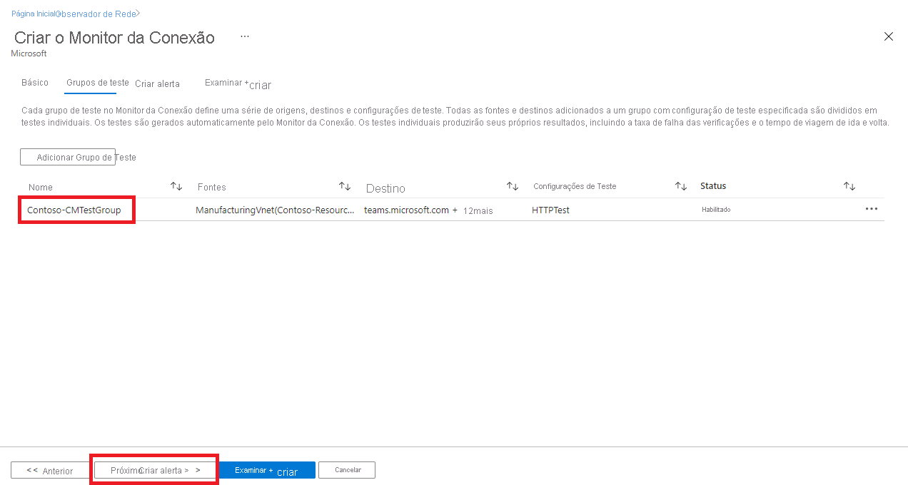 Criar Monitor de Conexão - guia Grupos de teste - Novo grupo de teste listado