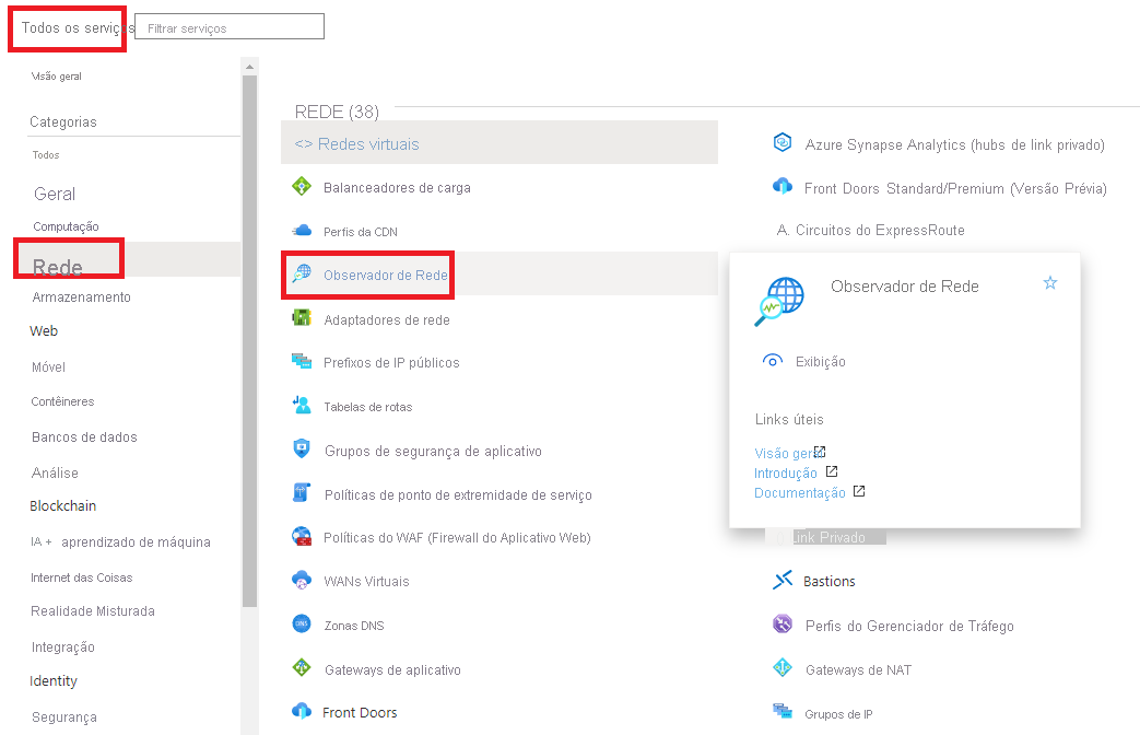 Abrindo o Network Watcher na home page do portal do Azure