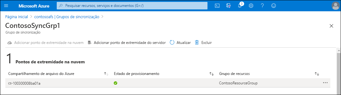 A screenshot of the ContosoSyncGrp1 page in the Azure portal. One cloud endpoint lists the Azure File Share name and Resource Group.