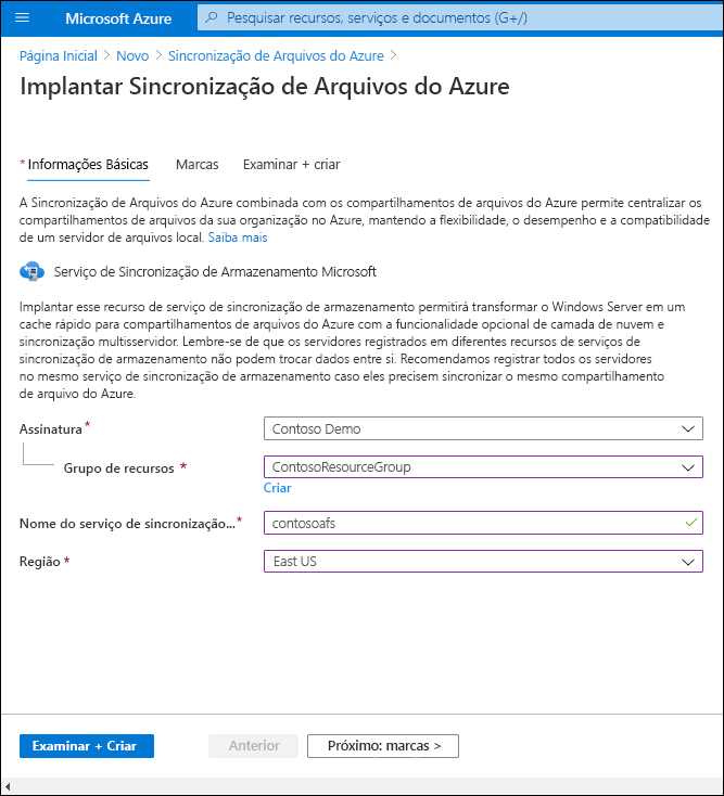 A screenshot the Deploy Azure File Sync page in the Azure portal. The Resource group name is ContosoResourceGroup, the Storage Sync Service name is contosoafs, and the region is EastUS.