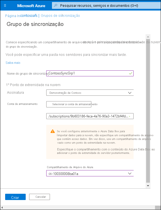 A screenshot of the Sync group page in the Azure portal. The Sync group name is ContosoSyncGrp1, and both the Storage account and Azure File Share values are configured.