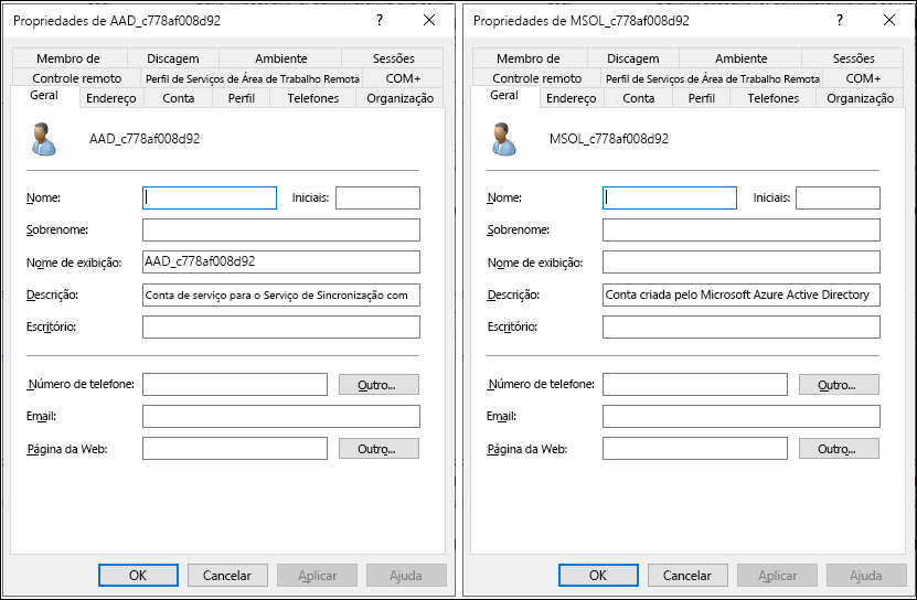 A screenshot of Active Directory Users and Computers. The administrator has opened two accounts: MSOL_c778af008d92 and AAD_c778af008d92. The General tab is selected for both accounts. 