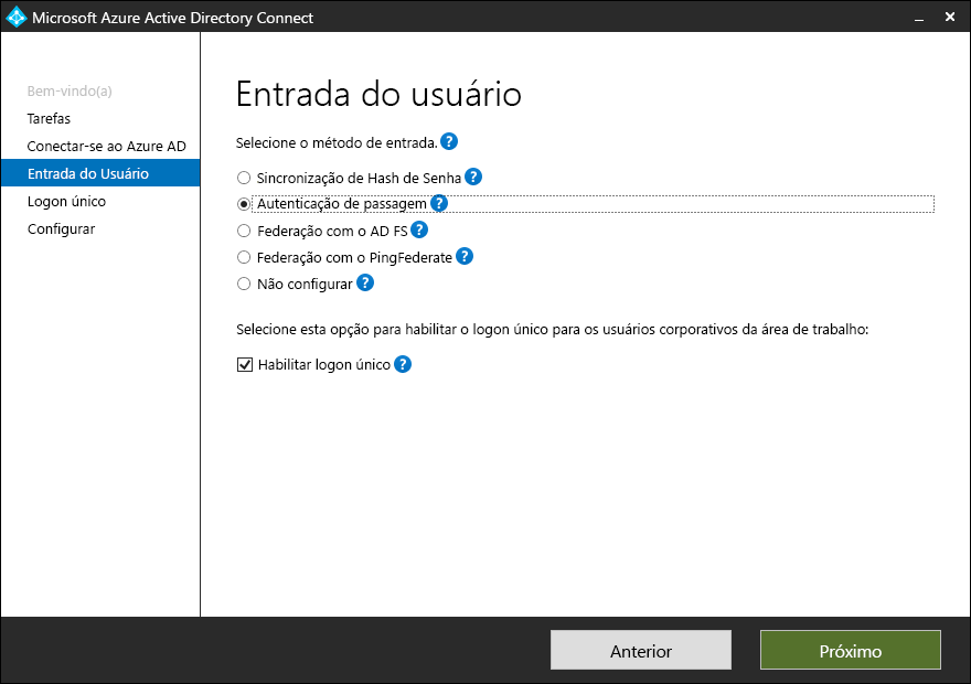 A screenshot of the Microsoft Entra Connect Configuration Wizard, User Sign-In page. The administrator has selected Pass-through authentication and also the Enable single sign-on check box.