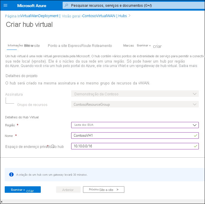 A screenshot of the Basics tab on the Create virtual hub blade. The administrator has selected the Region (East US) and entered the Name ContosoVH1. The hub private address space is 10.10.0.0/16..