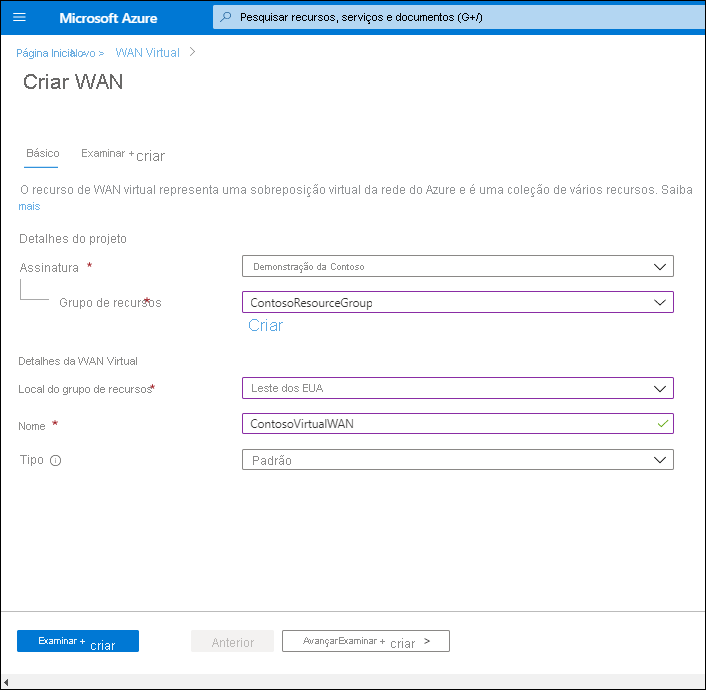 A screenshot of the Create WAN blade, Basics tab. The administrator has configured the basic properties of subscription, resource group, and location. The Name is defined as ContosoVirtualWAN, and the Type is Standard.