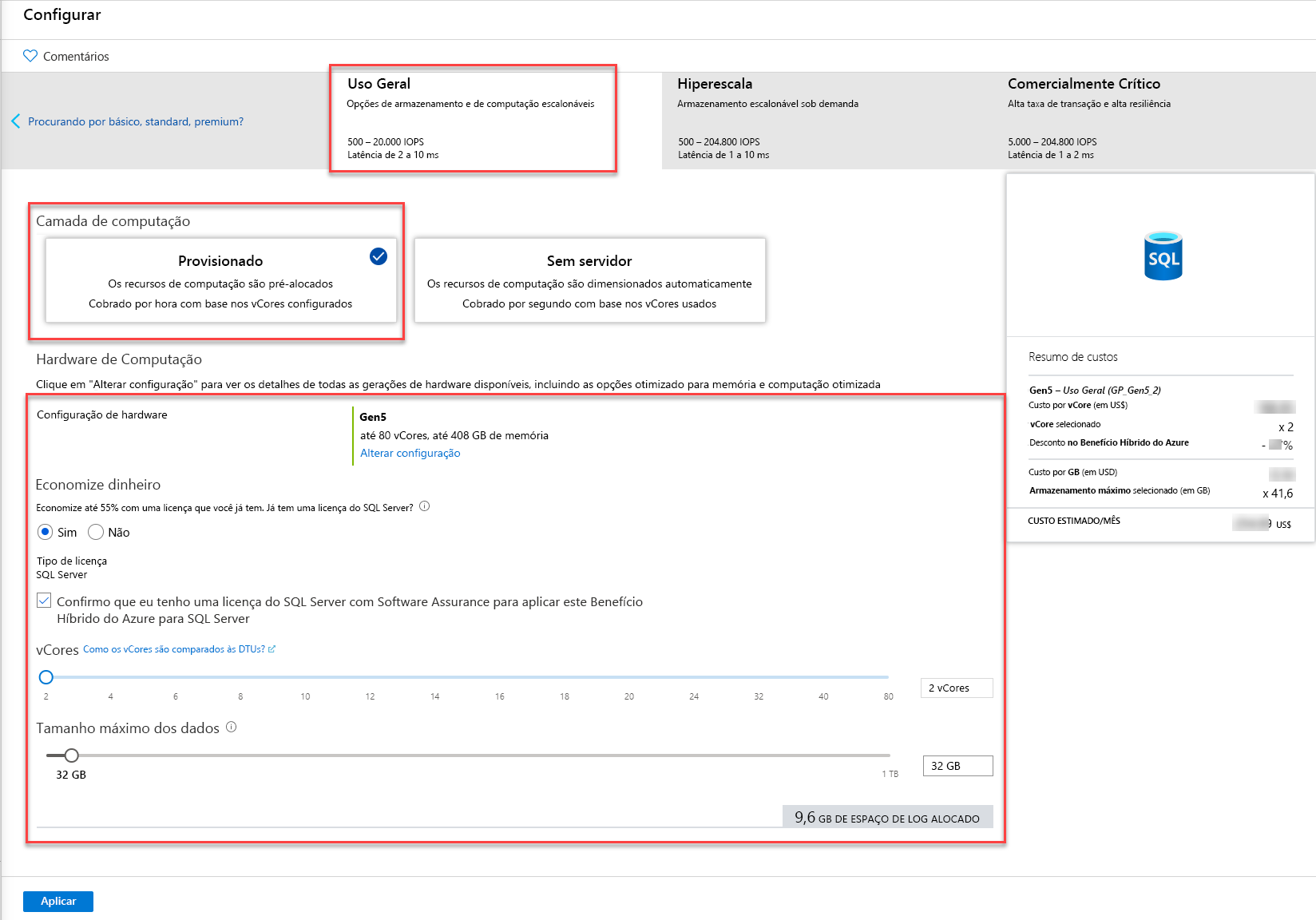 Service Tier selection in Azure portal