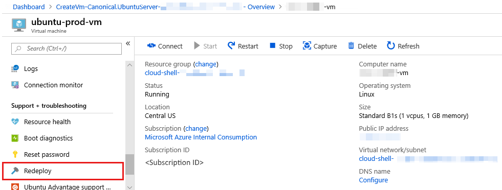 Captura de tela para reimplantar uma máquina virtual no portal do Azure.