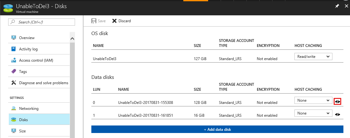 Captura de tela do portal Disks e destaca o ícone de desanexação do disco de dados a ser excluído.