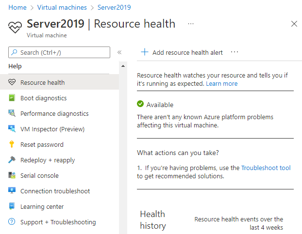 Captura de tela de um relatório V M íntegro, que mostra Não há problemas conhecidos da plataforma Azure que afetem essa máquina virtual.