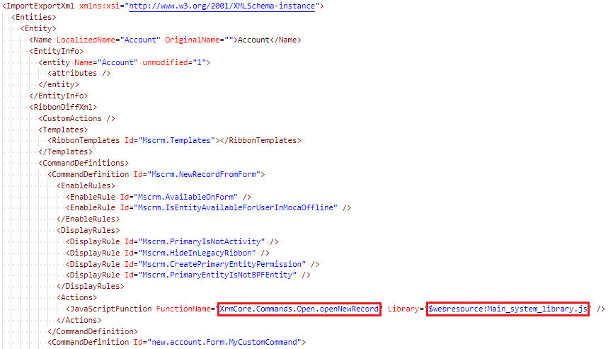 Captura de tela para modificar o nó CommandDefinition e verifique se o valor FunctionName corresponde.