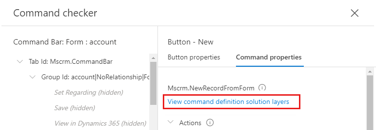 Captura de tela do link Exibir camadas de solução de definição de comando abaixo do nome do comando.