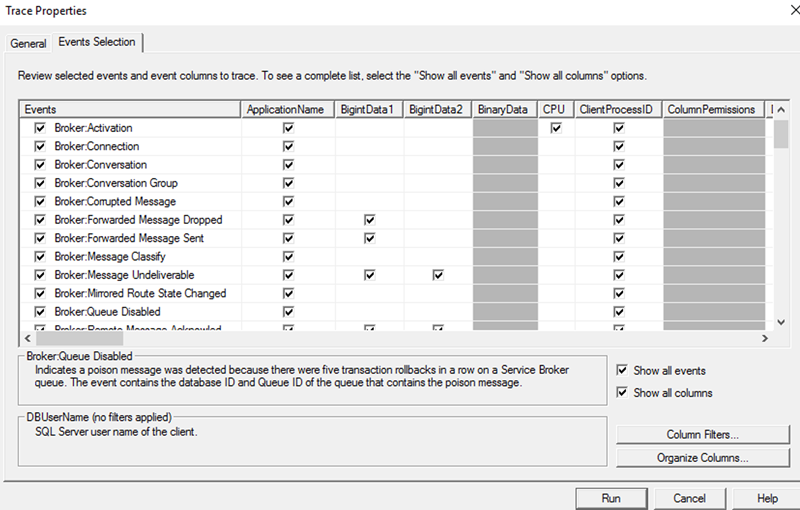 Captura de tela da coleta SQL Server Profiler rastreamento.