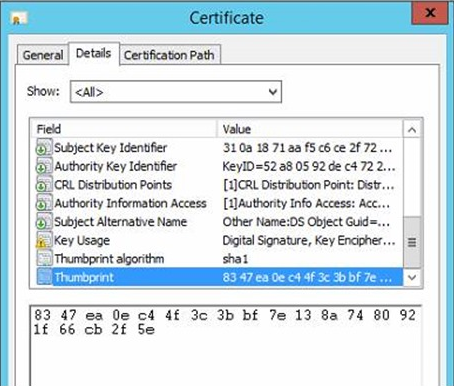 Um exemplo da impressão digital do certificado nas propriedades do certificado.