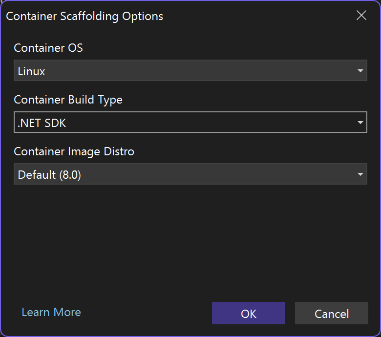 Captura de tela mostrando a caixa de diálogo Opções de Scaffolding de Contêiner para adicionar suporte ao Docker com o SDK do .NET selecionado como tipo de compilação de contêiner.