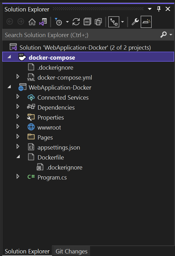 Captura de tela dos arquivos do Docker no Gerenciador de Soluções no Visual Studio.