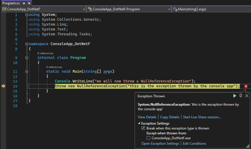 Captura de tela do projeto ThrowsNullException no Visual Studio, realçando a linha do código-fonte que gerou a exceção.