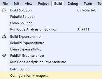 Screenshot of the Build menu, Configuration Manager command.