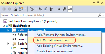 Add Virtual environment command in Solution Explorer