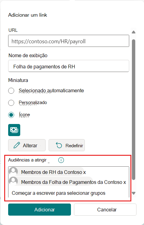 Captura de ecrã do menu de propriedades da ligação de recursos com as audiências no campo de destino realçadas.