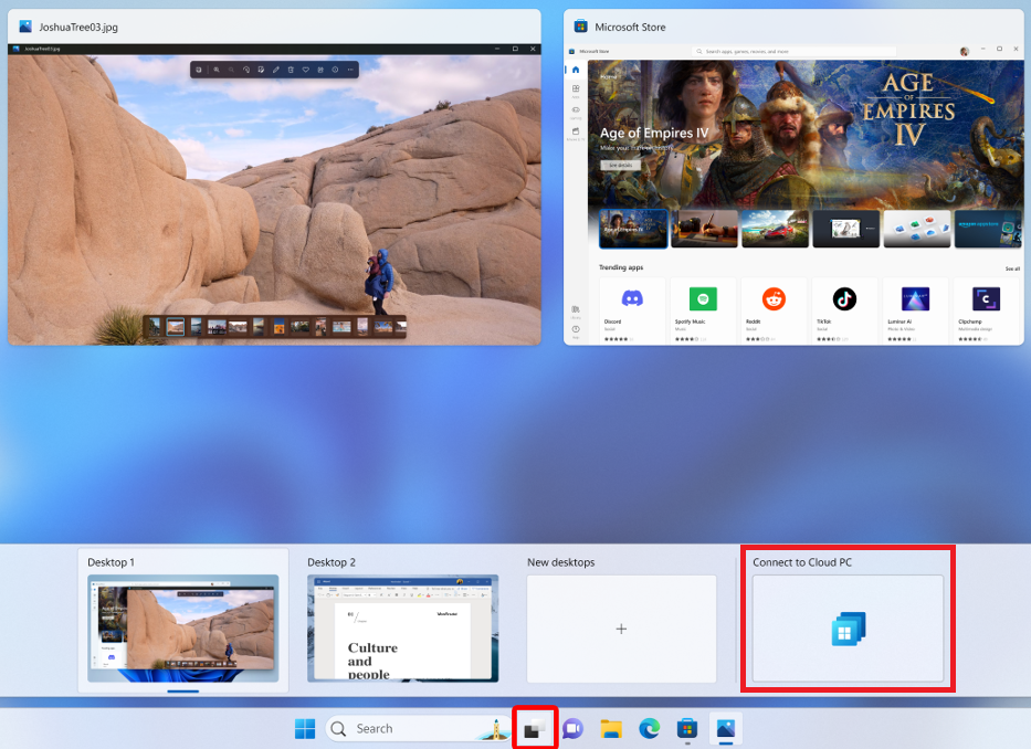 Uma captura de ecrã a mostrar um Cloud PC adicionado à vista de tarefas no Windows 11.