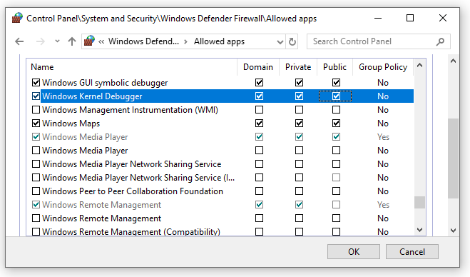 Captura de tela da configuração do firewall do Painel de Controle exibindo os aplicativos Depurador Simbólico da Interface Gráfica do Usuário do Windows e Depurador de Kernel do Windows com todos os três tipos de rede habilitados.