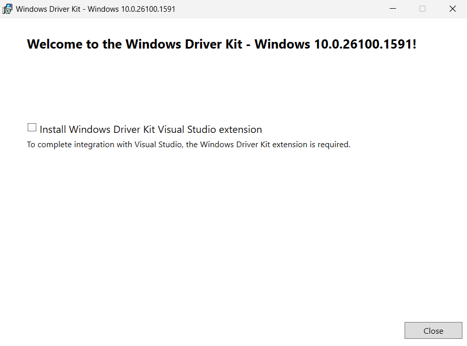 Instale a caixa de seleção de extensão do Visual Studio do Windows Driver Kit.