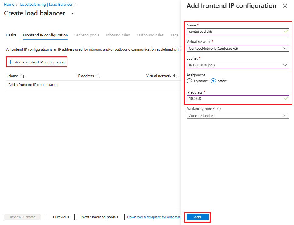 Captura de tela mostrando como adicionar uma configuração de IP de front-end ao criar um balanceador de carga.