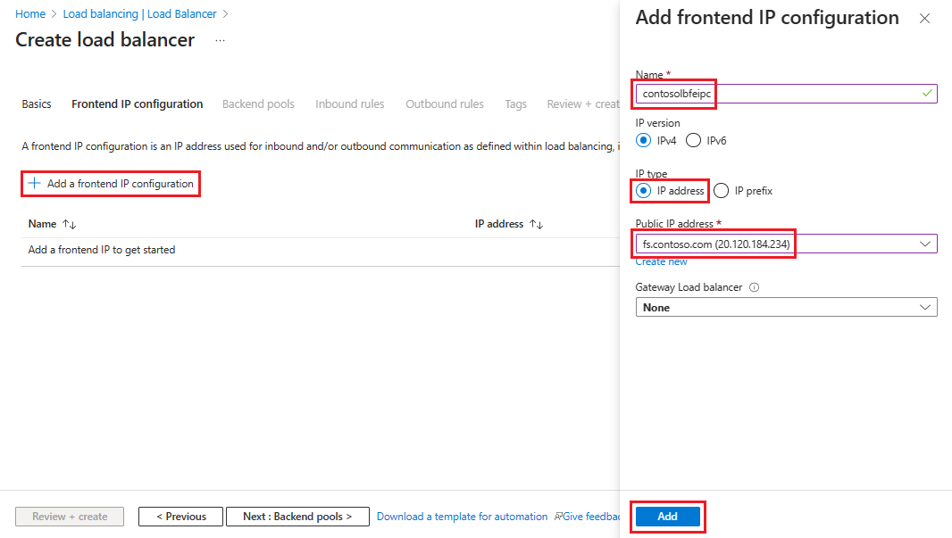 Captura de tela mostrando como adicionar uma configuração de IP de front-end ao criar um load balancer público.