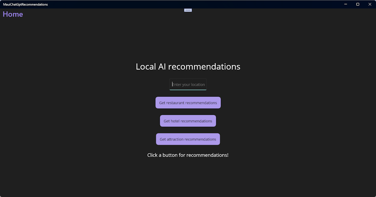 Aplicativo .NET MAUI do Windows com a interface do usuário para fornecer recomendações.
