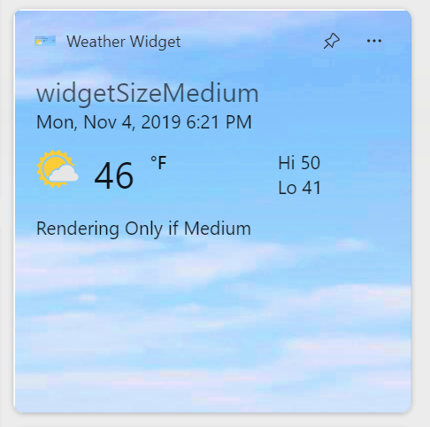 Uma captura de tela de um widget de clima simples. O widget mostra alguns gráficos e dados relacionados ao clima, bem como algum texto de diagnóstico que ilustra que o modelo para o widget de tamanho médio está sendo exibido.