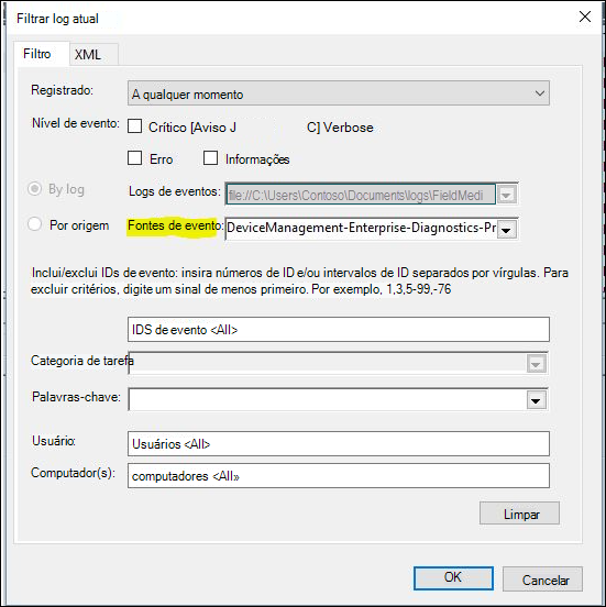 filtro de eventos para a Gestão de Dispositivos.