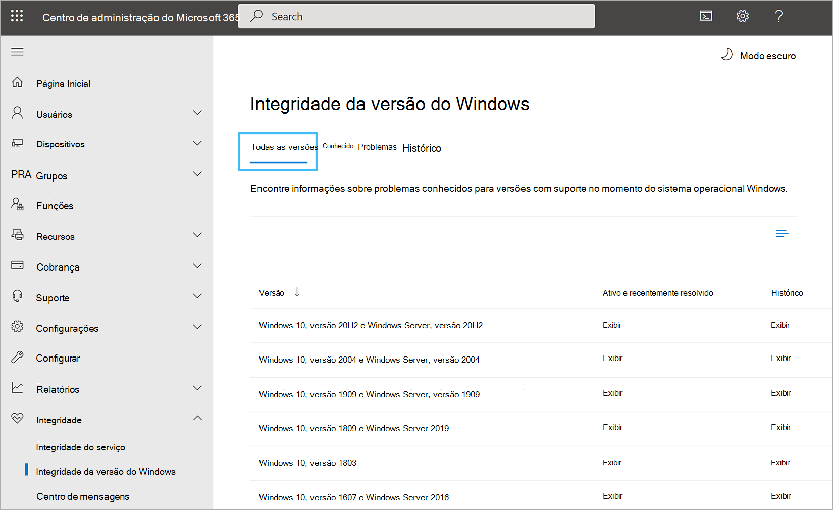 Captura de ecrã a mostrar os problemas atuais no estado de funcionamento da versão.