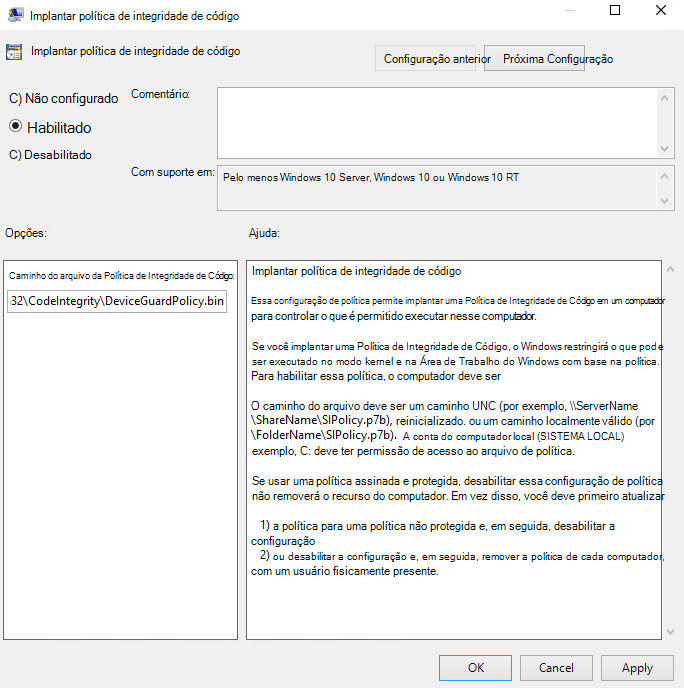 Política de Grupo denominada Implementar Controlo de Aplicações do Windows Defender.